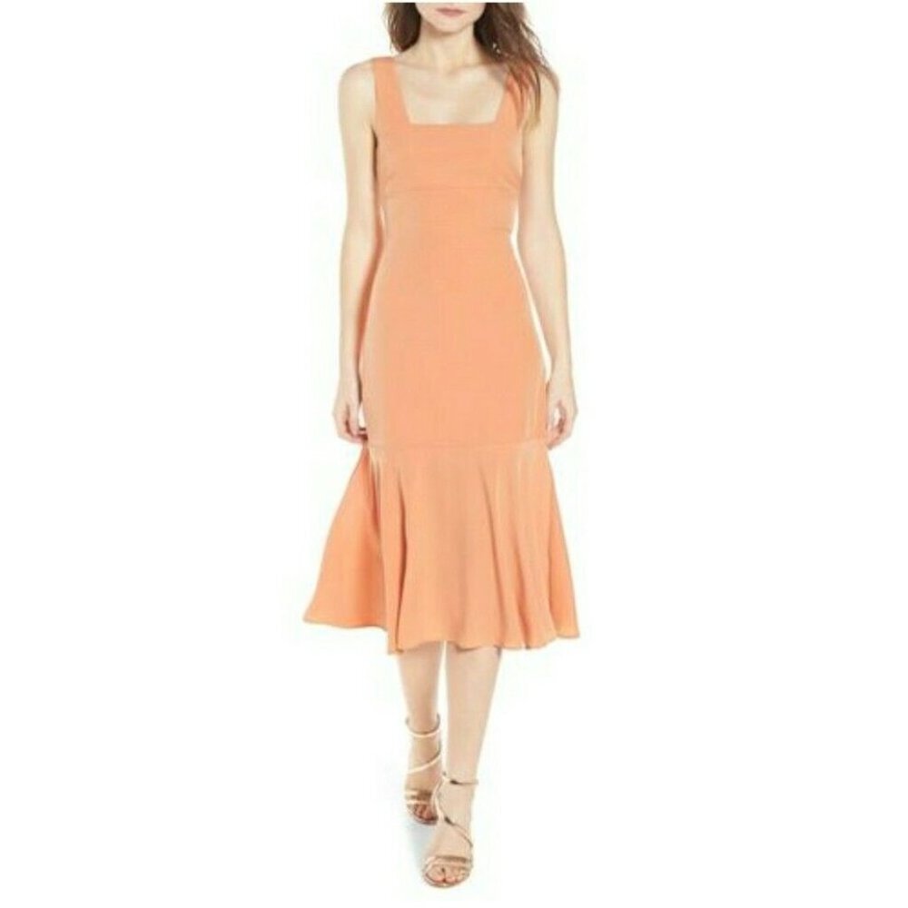 Nordstrom 4Sienna Persimmon Square Neck Bow Tie‎ Back Midi Dress Size L